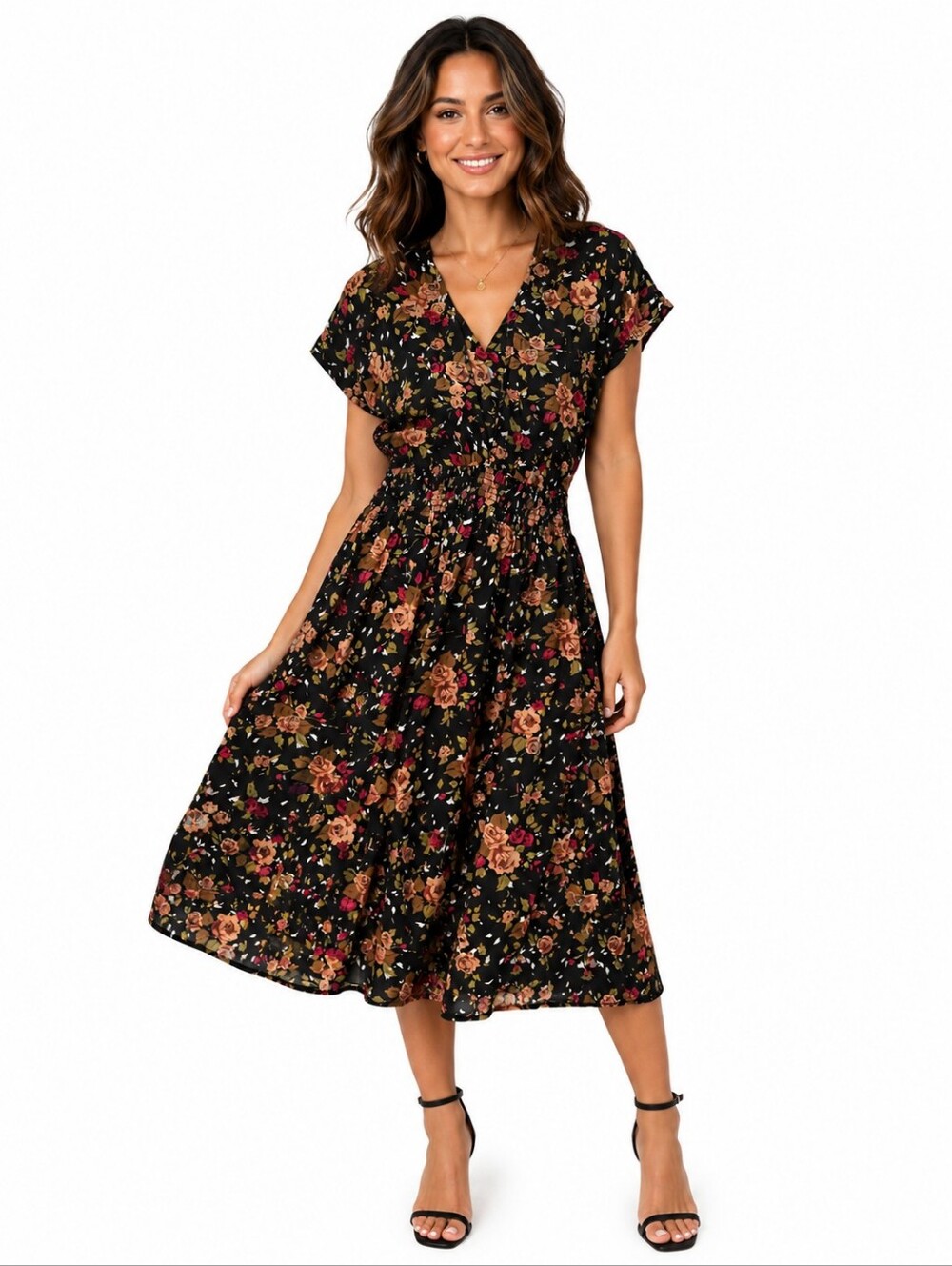 Vintage Taurus II Floral Dress – Women’s Size 2 – Black Rose Print Midi Dress